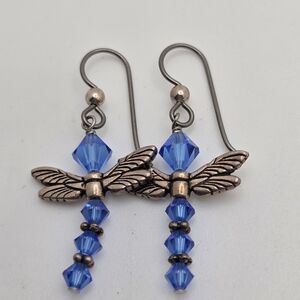 Elegant Crystal Blue Dragonfly Earrings Silver